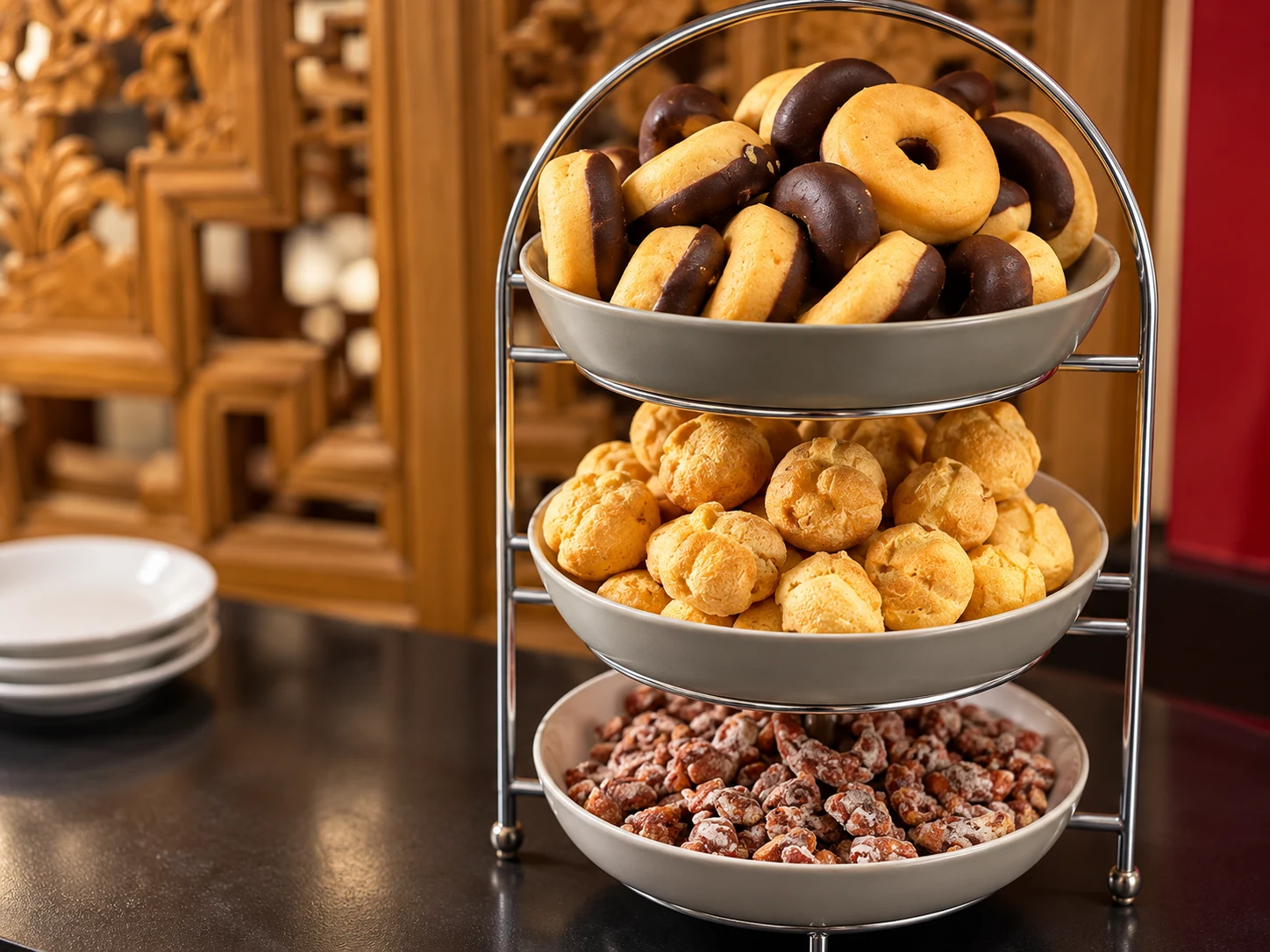Mini-Donuts, Sahnewindbeutel und Erdnüsse mit Zuckerguss als Detailaufnahme der Dessertauswahl