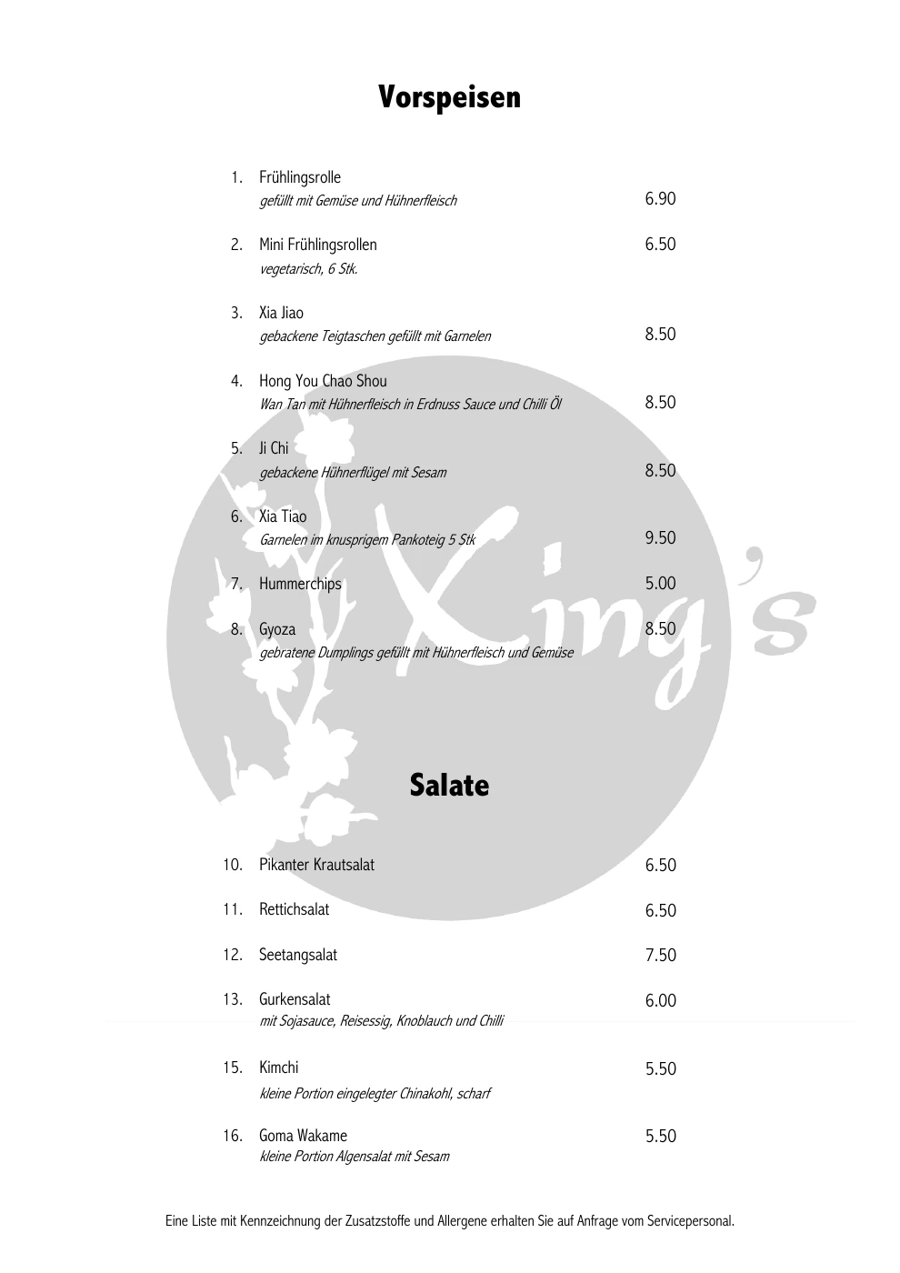 Original-Speisekarte: Vorspeisen & Salate