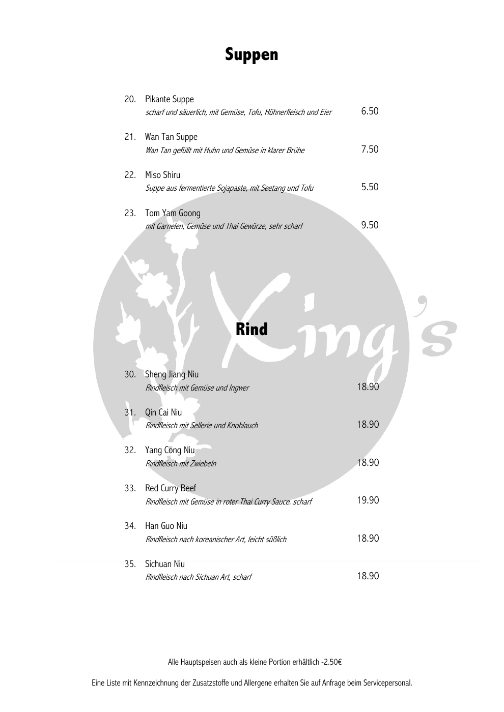 Original-Speisekarte: Suppen & Rind