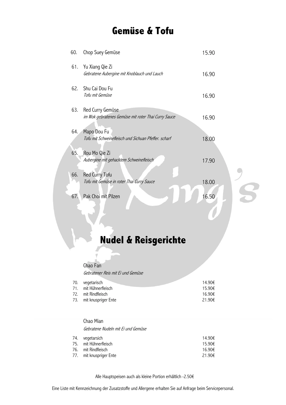 Original-Speisekarte: Gemüse, Tofu, Nudeln & Reis
