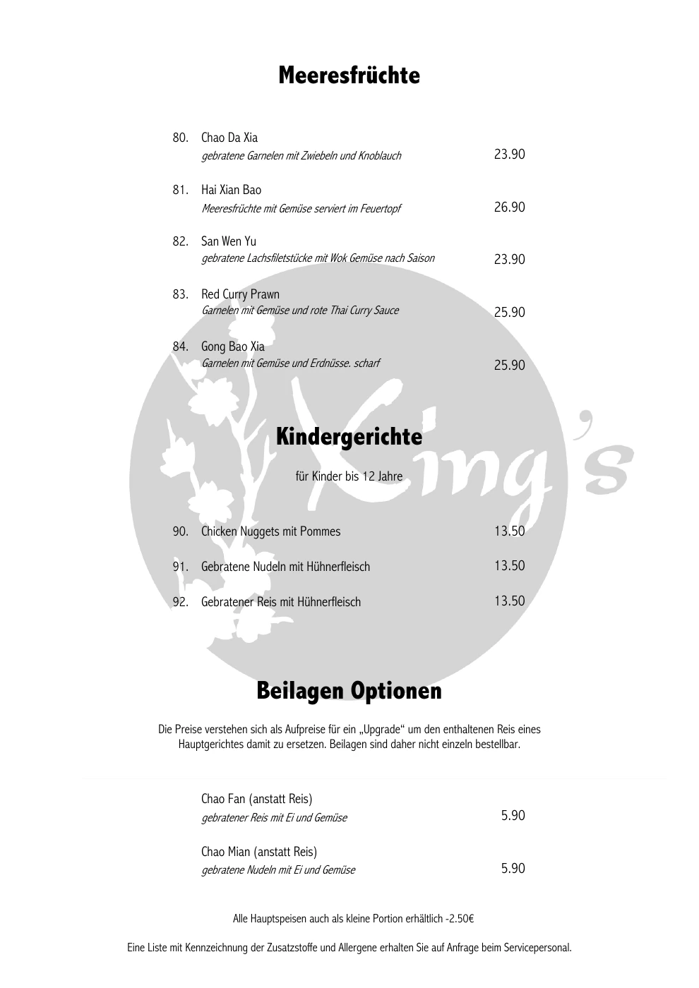 Original-Speisekarte: Meeresfrüchte & Kindergerichte