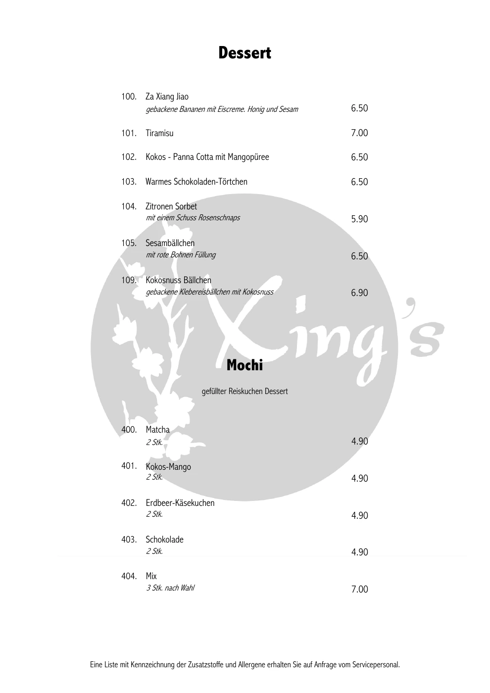 Original-Speisekarte: Dessert & Mochi