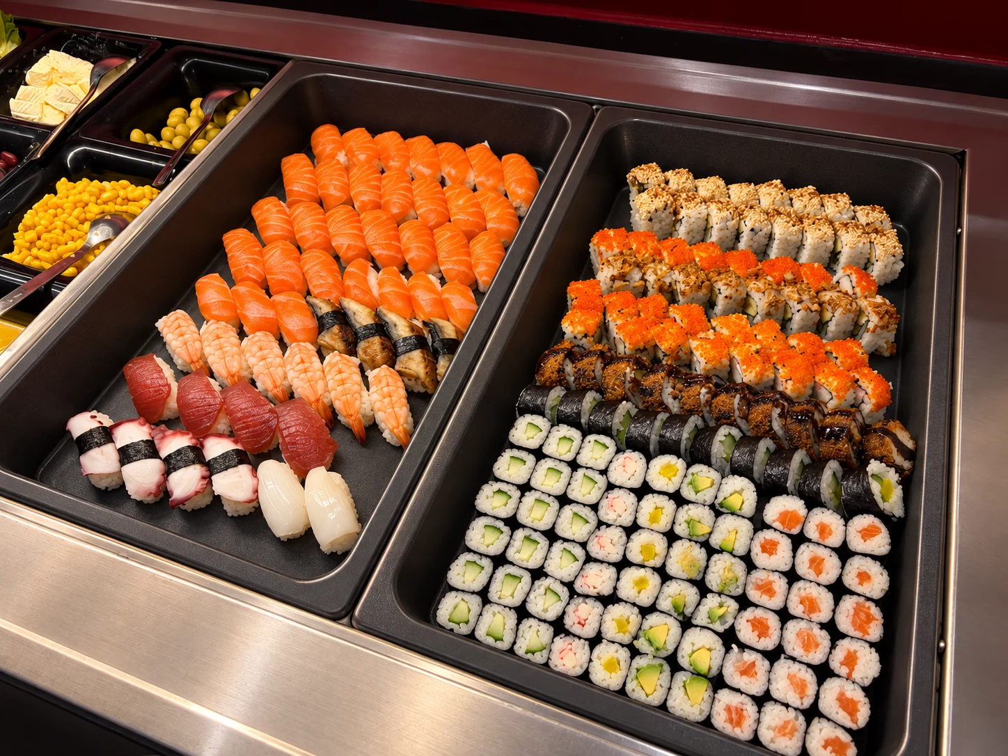Sushi-Buffet mit Lachs-, Thunfisch- und Garnelen-Nigiri sowie Maki und Inside-out-Rollen